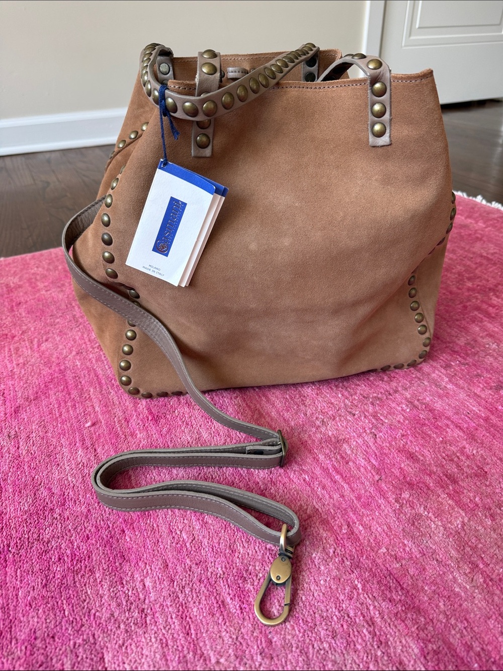 Suede Stud-Accent Tote in Brown with Removable Strap